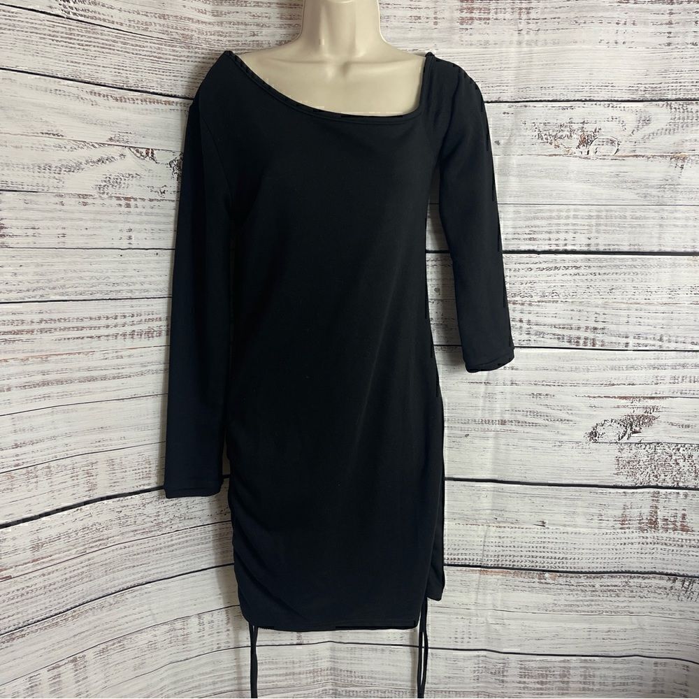 LeLis Dress womens size large long sleeve ruched side Black bodycon mini